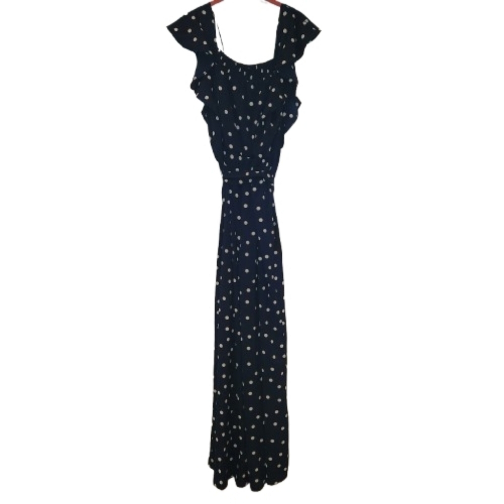 June & Hudson Navy Jumpsuit White Polka Dots Size L/XL Flutter Sleeves Wide Leg - Picture 2 of 9